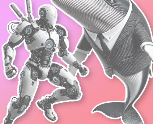 Roboter und Wal im Anzug auf pinkem Hintergrund – ChatGPT vs. Deepseek KI-Vergleich