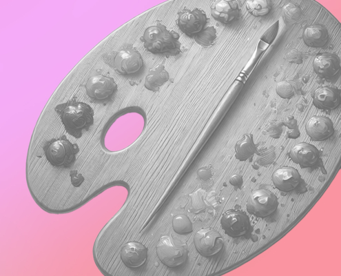 Farbpalette mit Pinsel auf pinkem Hintergrund – Farbpsychologie im B2B-Design