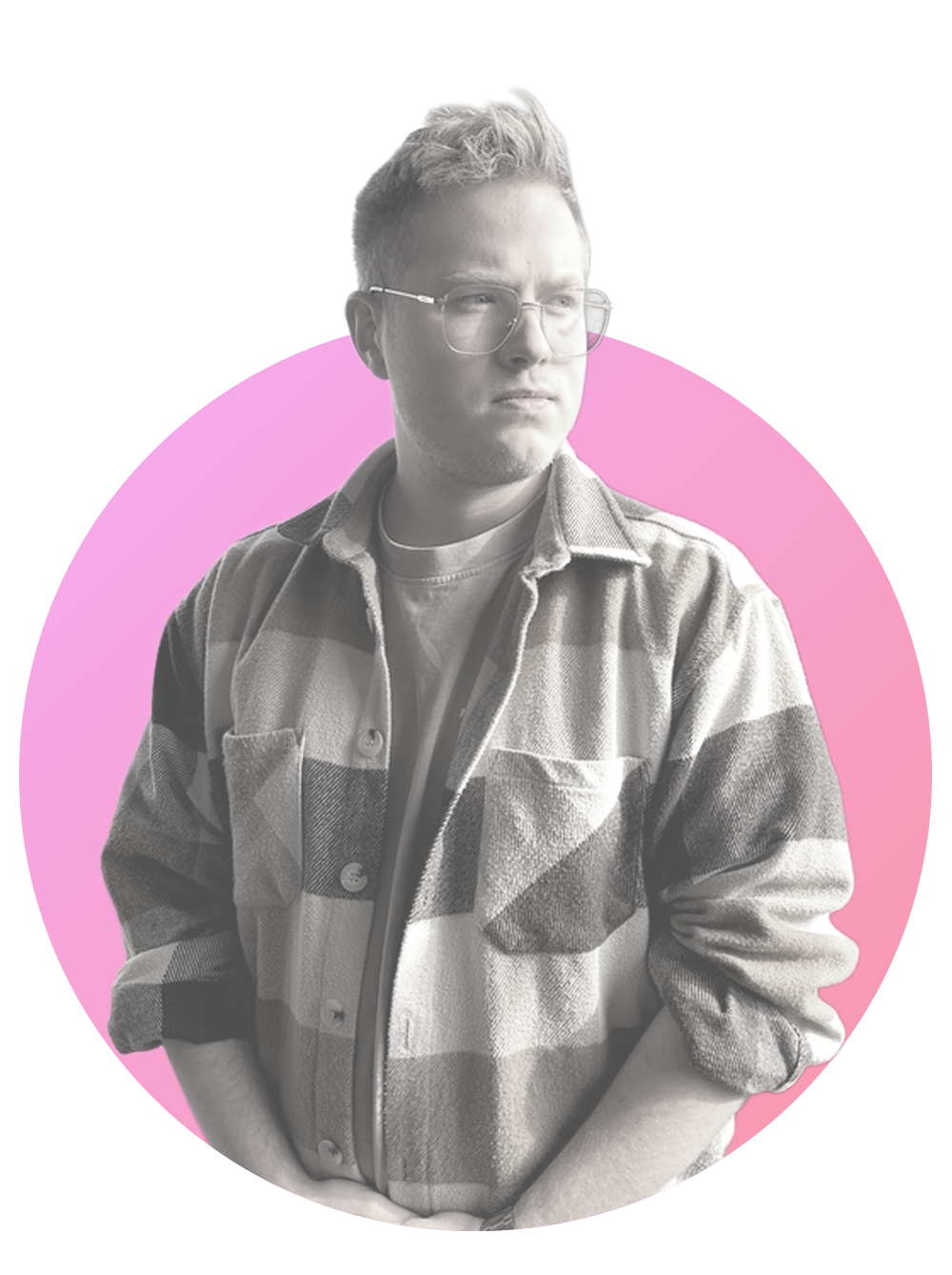 Grafikdesigner aus Essen Mirco Golchert – Grafikdesigner aus Essen, Portraitfoto in Schwarz-Weiß mit pinkem Hintergrund